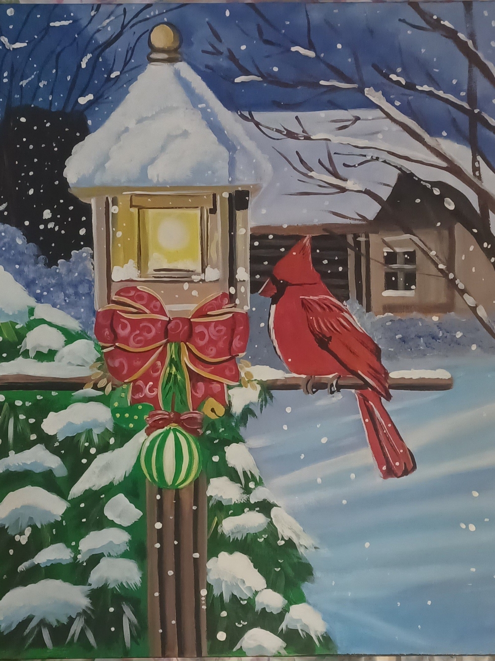 Otiginal Cardinal Lantern Wall Acrylic Painting - Red & Green